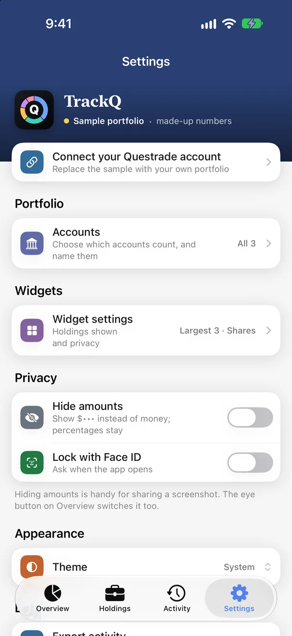 TrackQ Settings: accounts, widgets, hide amounts and the Face ID lock