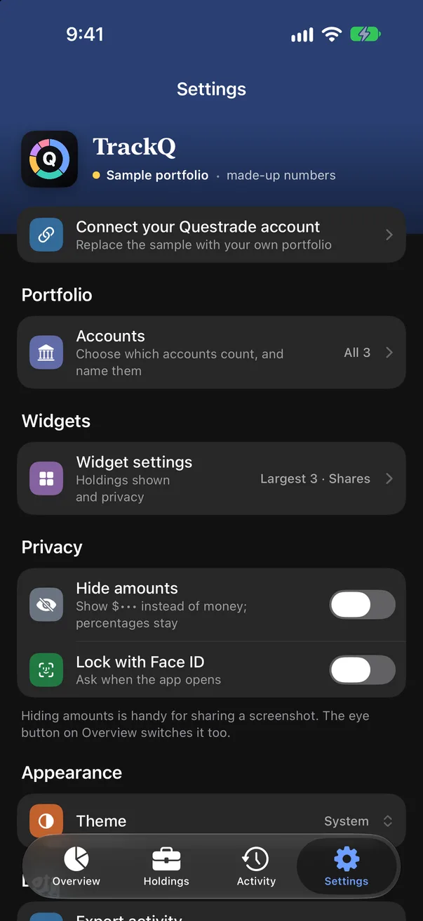 TrackQ Settings: accounts, widgets, hide amounts and the Face ID lock